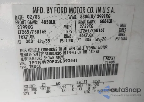 2003 Ford F250 Lariat/Xl/Xlt z USA, uszkodzony, nr VIN 1FTNW20P33EB93541